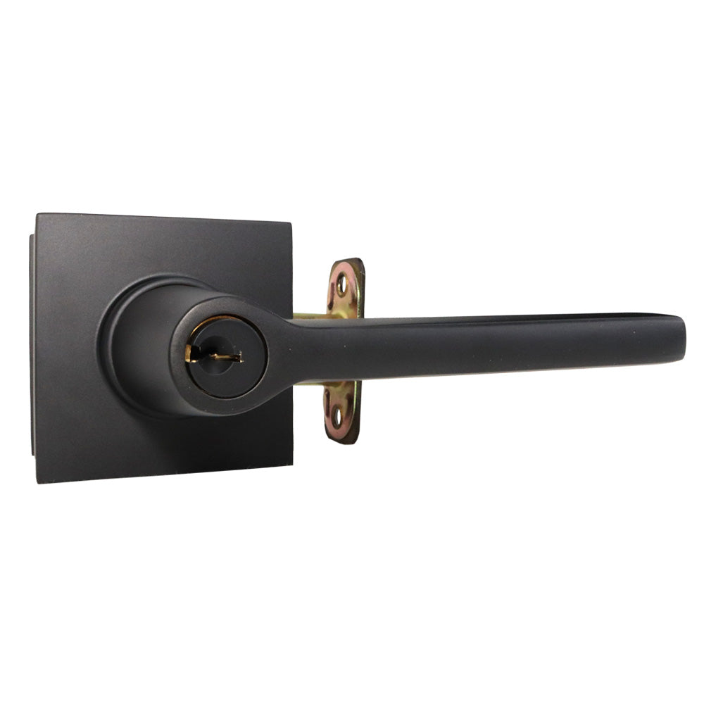 Emtek 5122HLOUS19RH.RLS Helios Lever Right Hand 2-3/8" and 2-3/4" Backset with Radius Latch Strike Keyed Entry with Square Rose for 1-1/4" to 2-1/16" Door Flat Black Finish Sparrow Supply