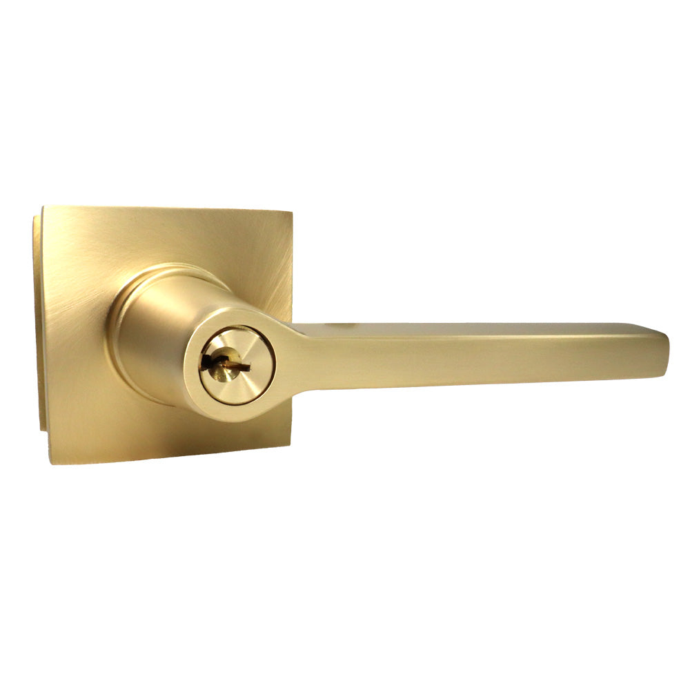 Emtek 5122HLOUS4RH.RLS Helios Lever Right Hand 2-3/8" and 2-3/4" Backset with Radius Latch Strike Keyed Entry with Square Rose for 1-1/4" to 2-1/16" Door Satin Brass Finish Sparrow Supply