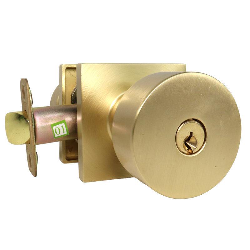 Emtek 5122ROUUS4.RLS Round Knob 2-3/8" and 2-3/4" Backset with Radius Latch Strike Keyed Entry with Square Rose for 1-3/8" to 2-1/16" Door Satin Brass Finish Sparrow Supply