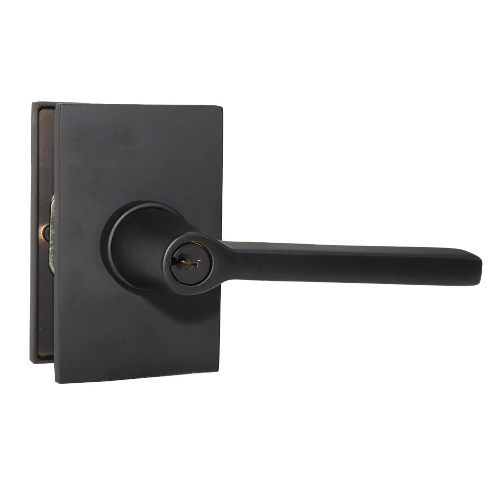 Emtek 5123HLOUS19RH.RLS Helios Lever Right Hand 2-3/8" Backset with Radius Latch Strike Keyed Entry with Modern Rectangular Rose for 1-1/4" to 2-1/16" Door Flat Black Finish Sparrow Supply