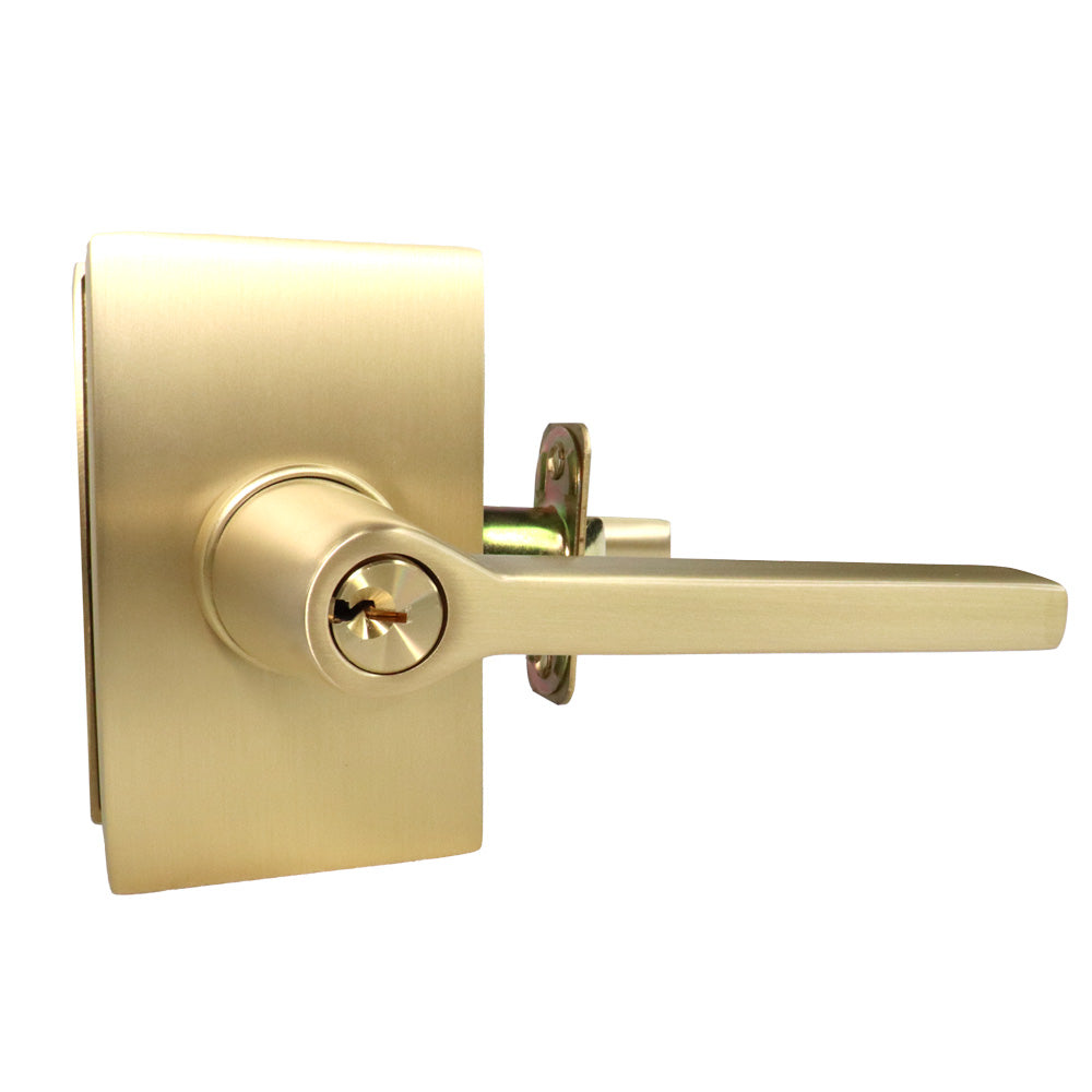 Emtek 5123HLOUS4RH.RLS Helios Lever Right Hand 2-3/8" Backset with Radius Latch Strike Keyed Entry with Modern Rectangular Rose for 1-1/4" to 2-1/16" Door Satin Brass Finish Sparrow Supply