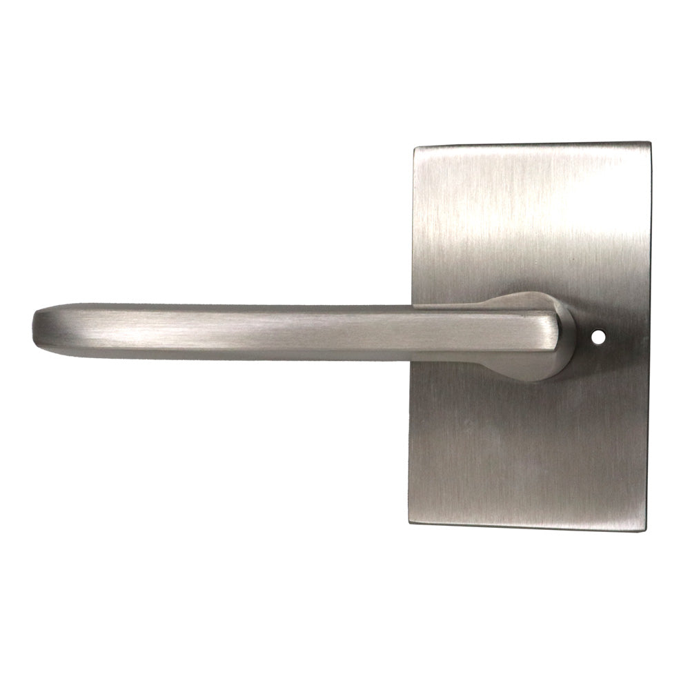 Emtek 5212HLOUS15LH.RLS Helios Lever Left Hand 2-3/8" Backset with Radius Latch Strike Privacy with Modern Rectangular Rose for 1-1/4" to 2" Door Satin Nickel Finish Sparrow Supply