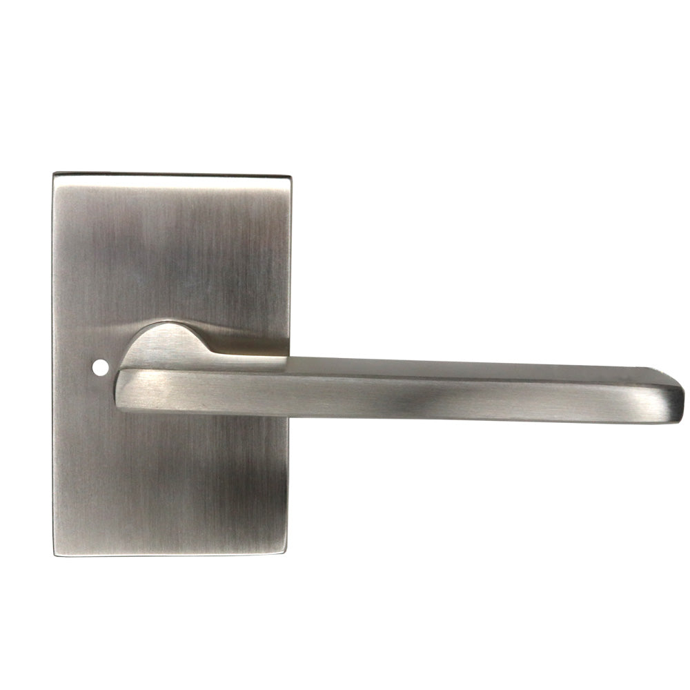 Emtek 5212HLOUS15RH.RLS Helios Lever Right Hand 2-3/8" Backset with Radius Latch Strike Privacy with Modern Rectangular Rose for 1-1/4" to 2" Door Satin Nickel Finish Sparrow Supply
