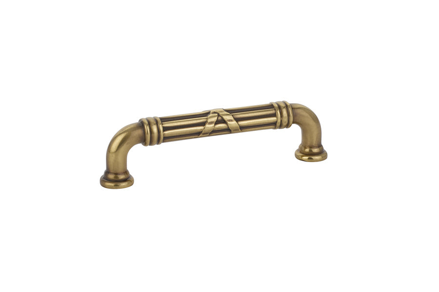 Emtek 86285US7 Ribbon and Reed Fixed Cabinet Pull with 4" Center To Center French Antique Brass Finish Sparrow Supply