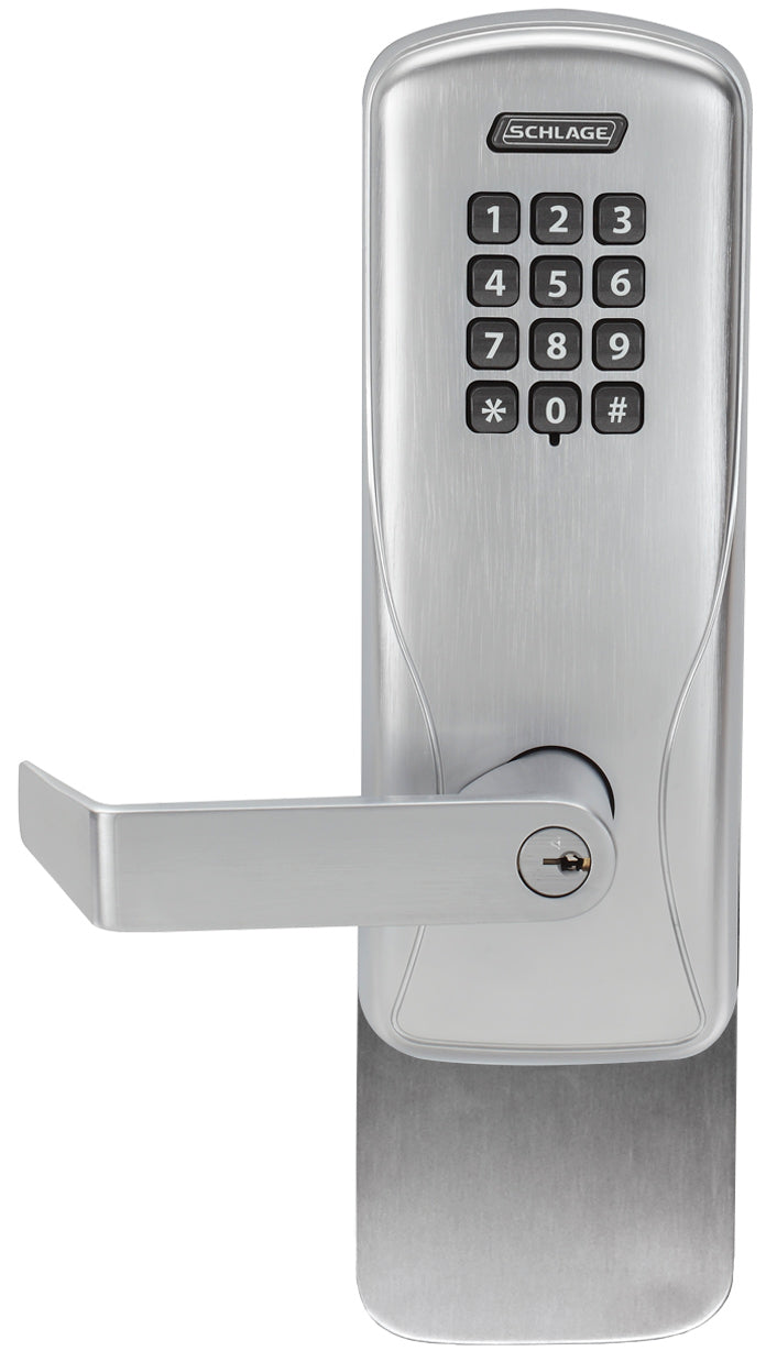 Schlage Electronic CO100993R70KPRHO626 Standalone Keypad Programmable Electronic Lock Rim Exit Trim Classroom / Storeroom Keypad Rhodes Lever with C Keyway Satin Chrome Finish Sparrow Supply