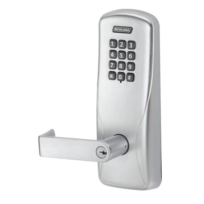 Schlage Electronic CO100CY70KPRHO626B Standalone Keypad Programmable Electronic Lock Cylindrical Classroom / Storeroom Keypad Rhodes Lever with Small Format Less Core Satin Chrome Finish Sparrow Supply