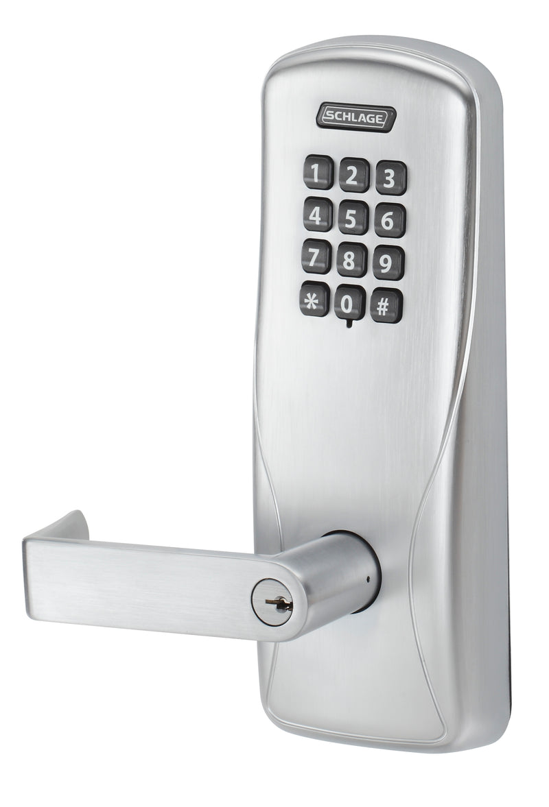 Schlage Electronic CO100MS70KPRHO626 Standalone Keypad Programmable Electronic Lock Mortise Classroom / Storeroom Keypad Rhodes Lever with C Keyway Satin Chrome Finish Sparrow Supply