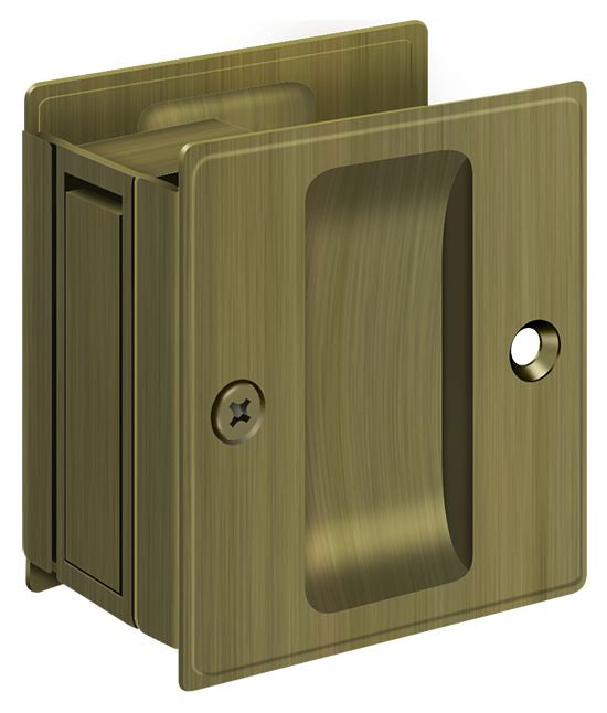 Deltana SDP25U5 Pocket Lock; 2-1/2" x 2-3/4" Passage; Antique Brass Finish Sparrow Supply